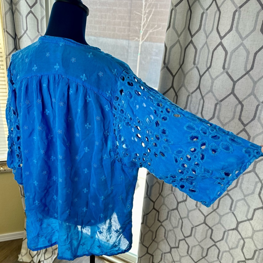 EUC Johnny Was Semi-Sheer Cerulean Blue Floral Embroidered Blouse - Picture 11 of 13